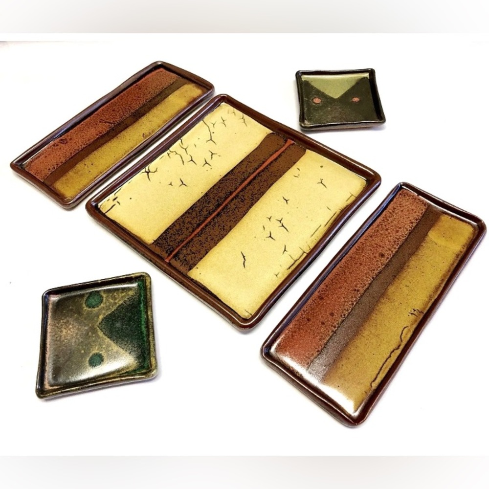Sushi Plate Set for 2 Earth Tone Stoneware Natural Colors 5 Piece